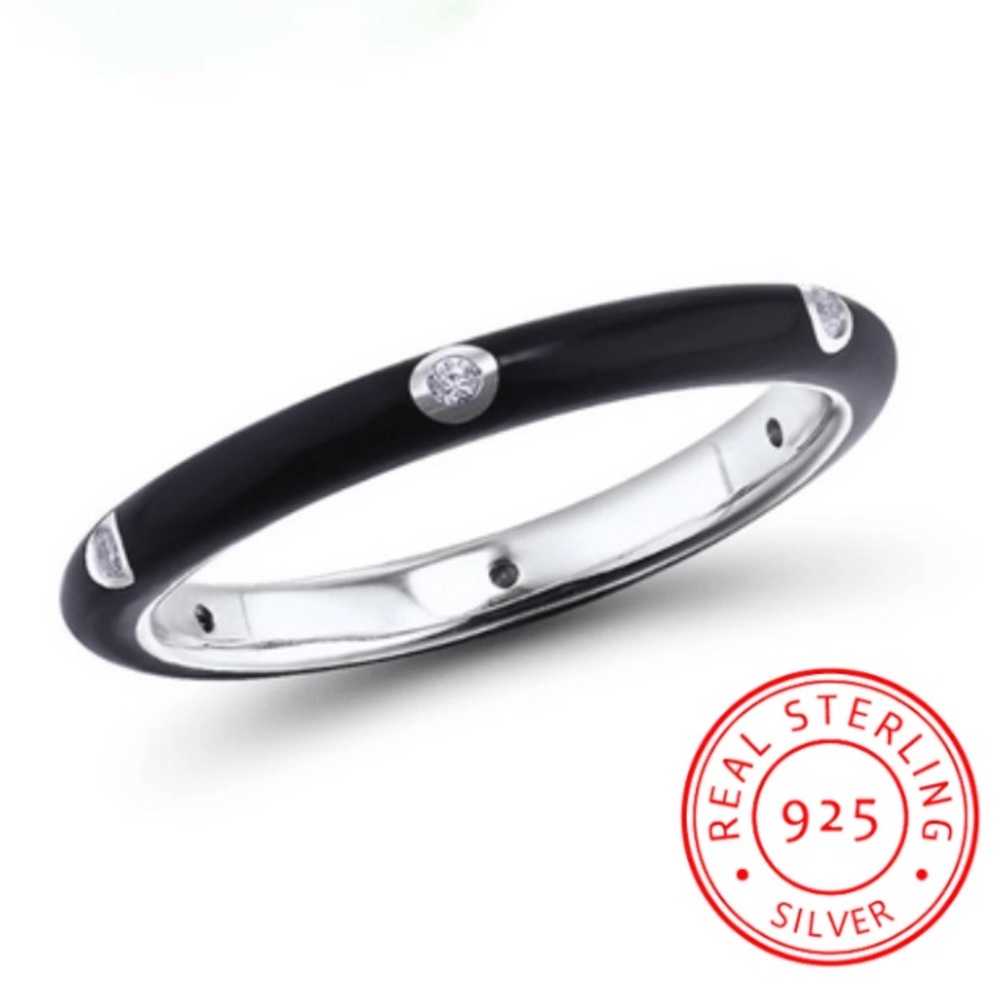 S925 Silver Black Enamel CZ Diamond Eternity Ring